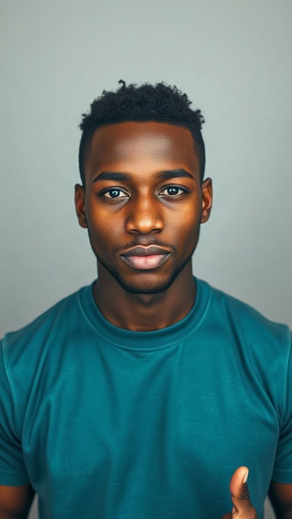 Original fictional adult portrait: teal shirt against a gray background